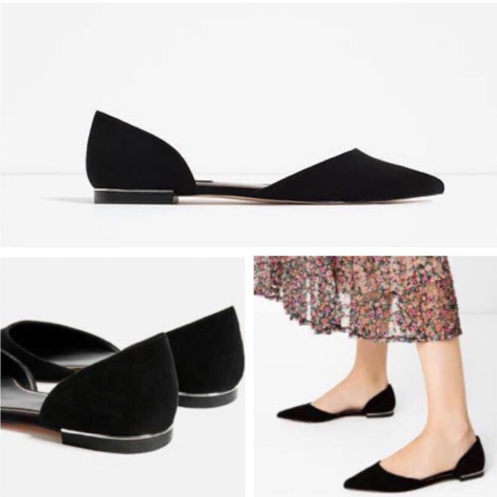 Zara Basic black faux suede D’orsey flats size 39